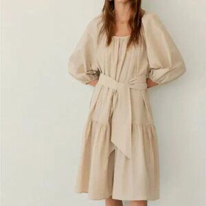 Mango Puffed Sleeve Beige Tiered Midi Dress